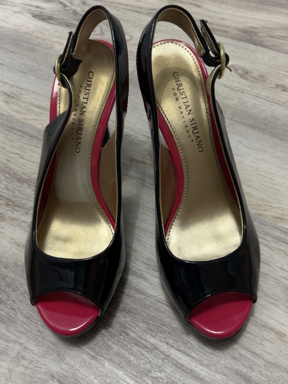 Christian Siriano Black Patent Slingback Heels with Red Peep Toe